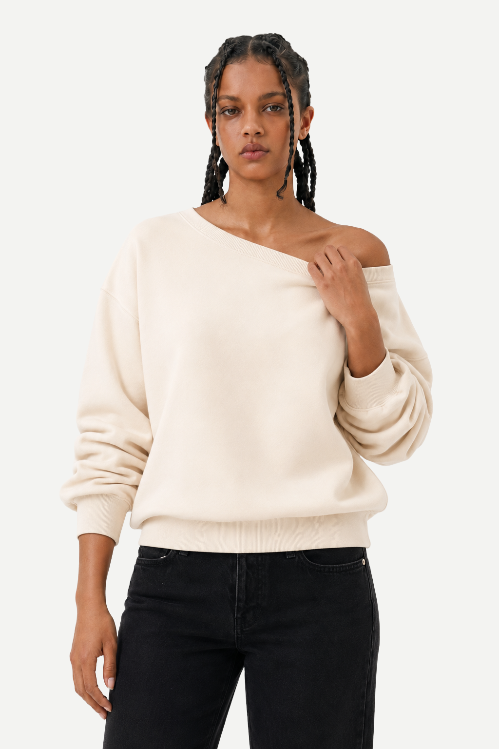 Moletom Feminino Loose Fit em Tecido Encorpado com Ombros à Mostra