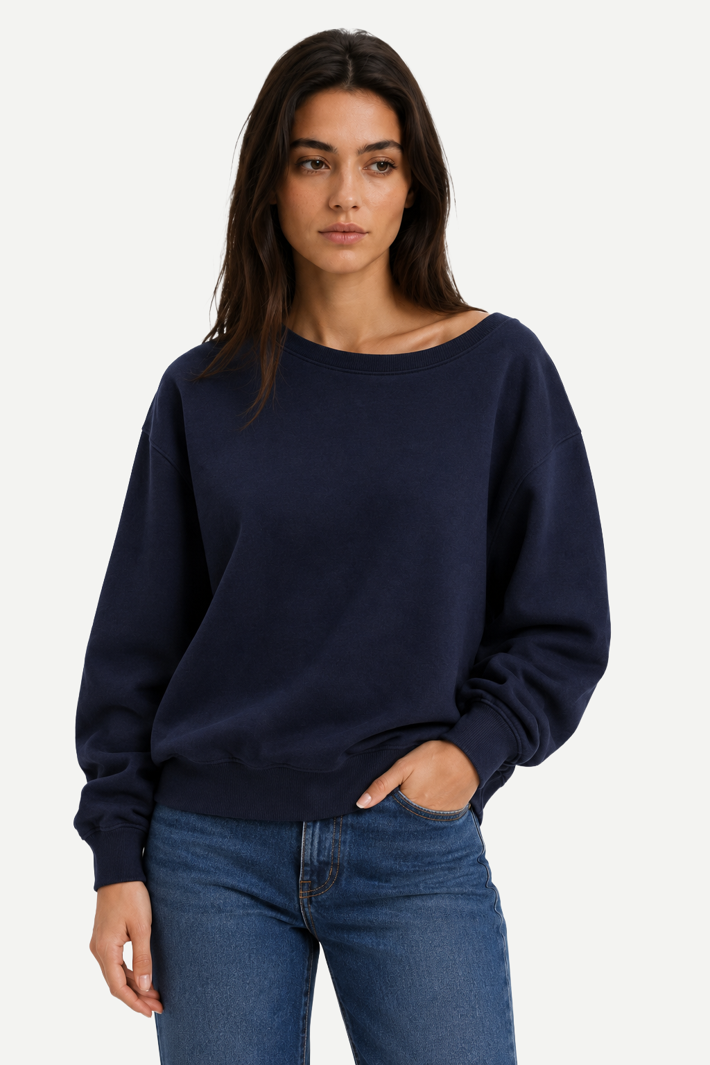 Moletom Feminino Loose Fit em Tecido Encorpado com Ombros à Mostra