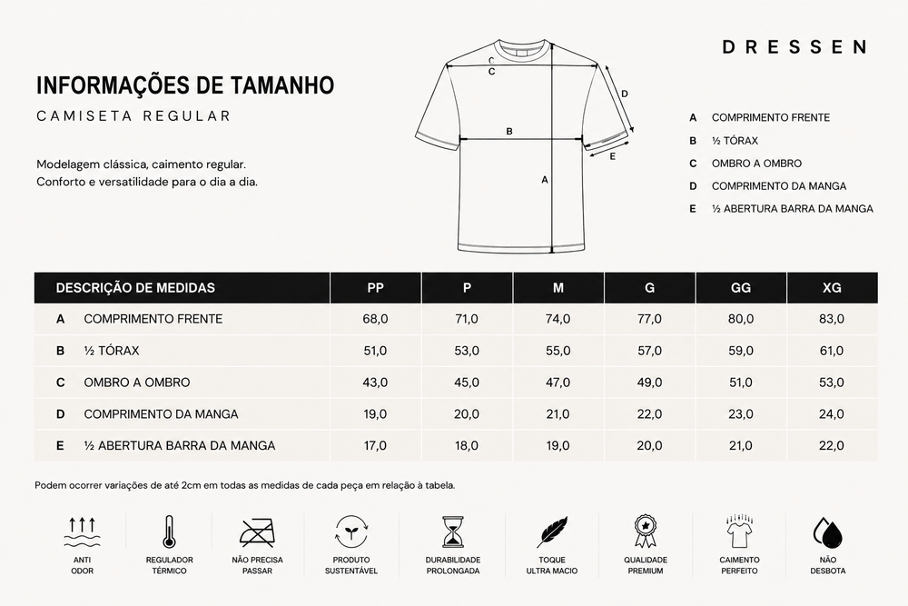 Tabela de tamanhos - Camiseta Masculina Essencial Estonada de Manga Curta