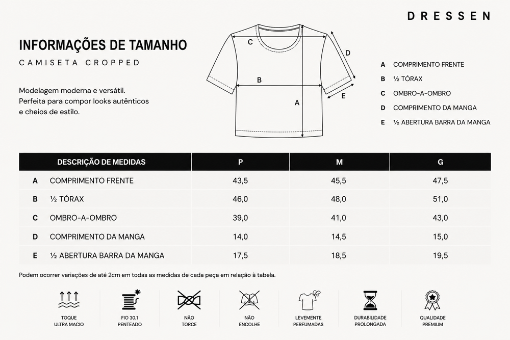 Tabela de tamanhos - Camiseta Cropped Feminina Washed Estonada