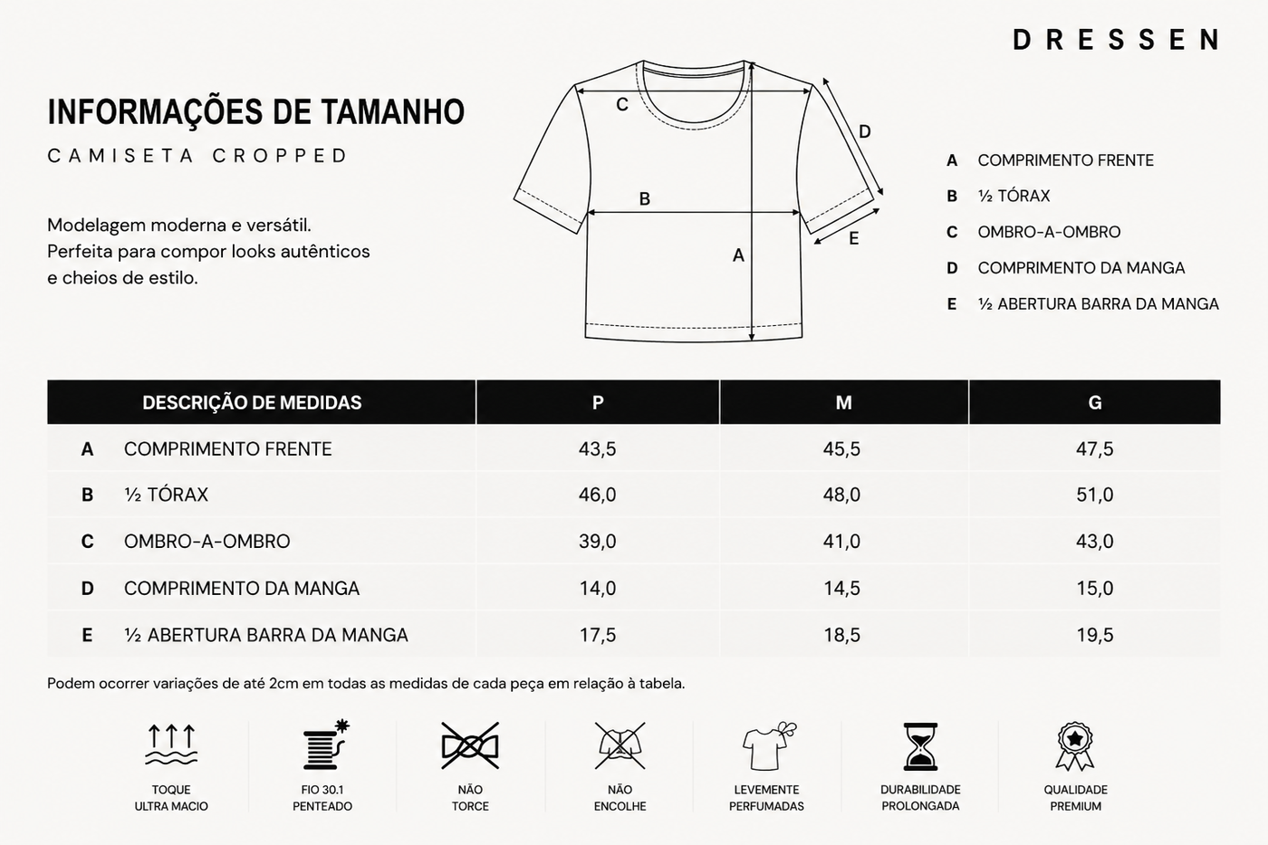 Tabela de tamanhos - Camiseta Cropped Feminina Washed Estonada